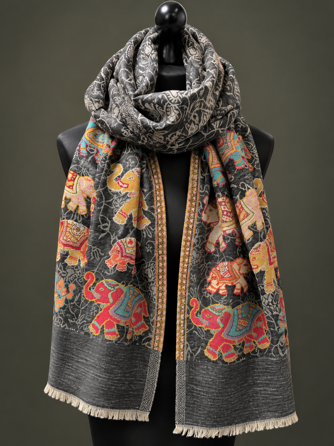 Pashmina Elephant design grey cashmere scarf