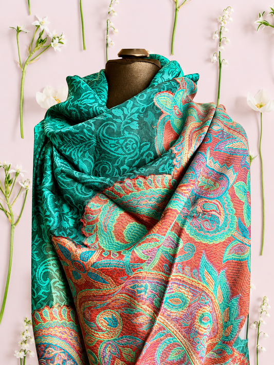Pashmina cashmere green scarf with paisley border