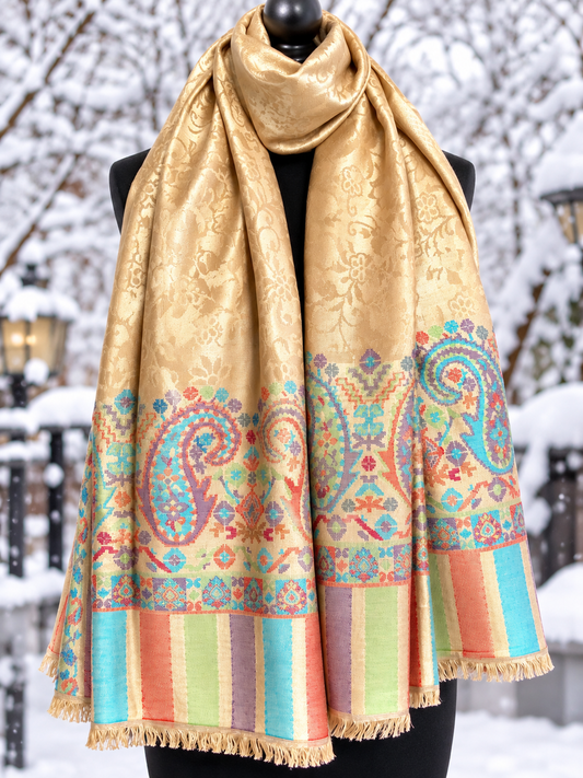 Pashmina kani border Pearl white scarf