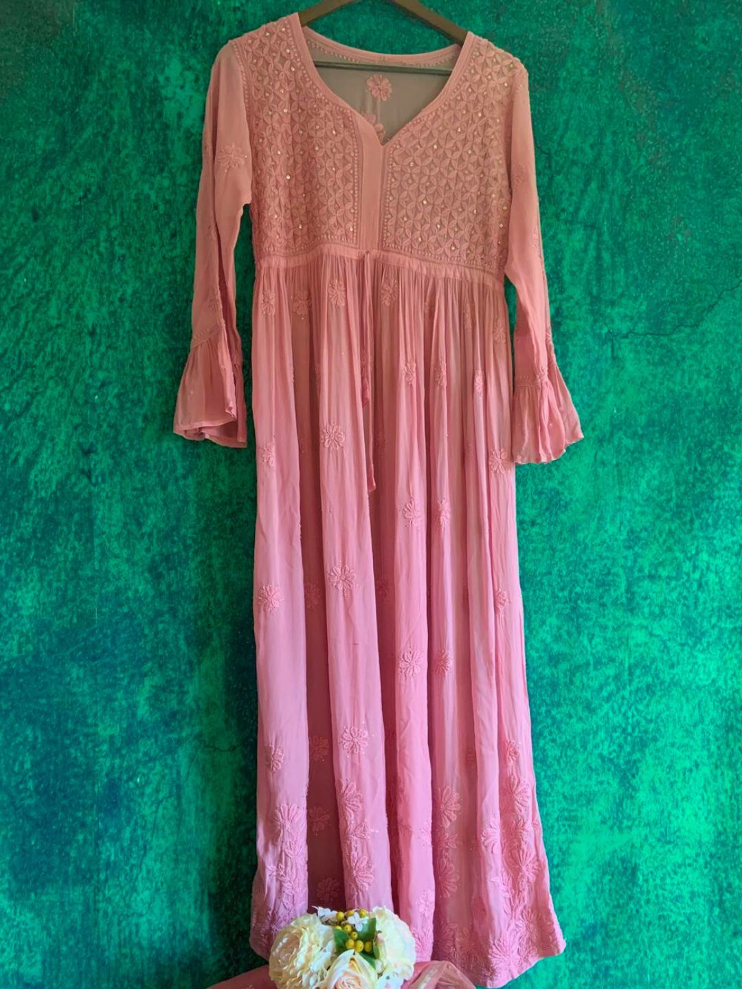 Pink Hand Embroidered Chikankari Anarkali Kurta Set