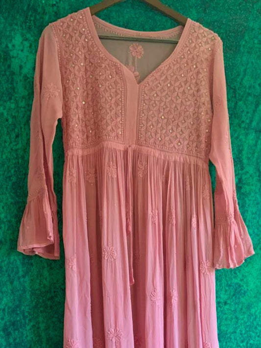 Pink Hand Embroidered Chikankari Anarkali Kurta Set