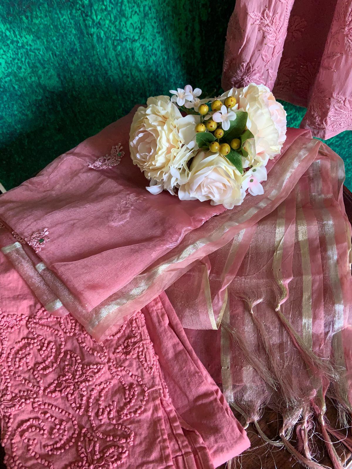 Pink Hand Embroidered Chikankari Anarkali Kurta Set