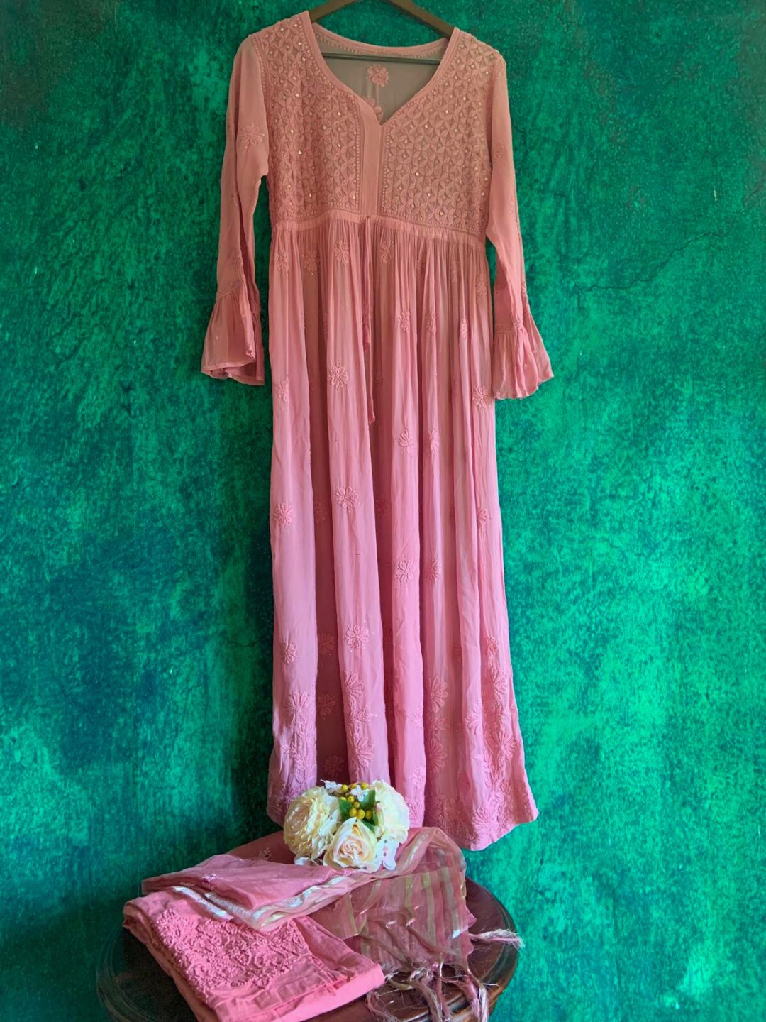 Pink Hand Embroidered Chikankari Anarkali Kurta Set