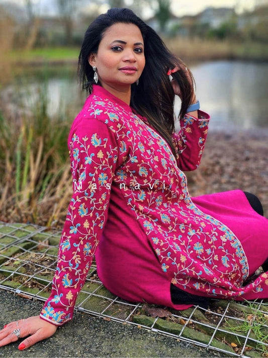 Pink Soft Wool Embroidered Kashmiri Aari Jacket Set