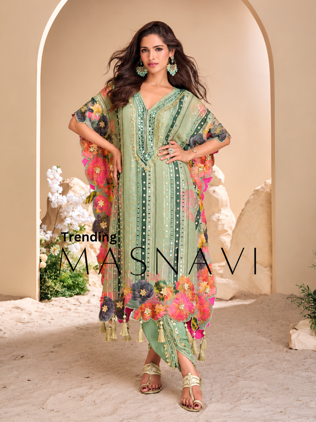 Pista Green Floral Embellished Kaftan Suit Set