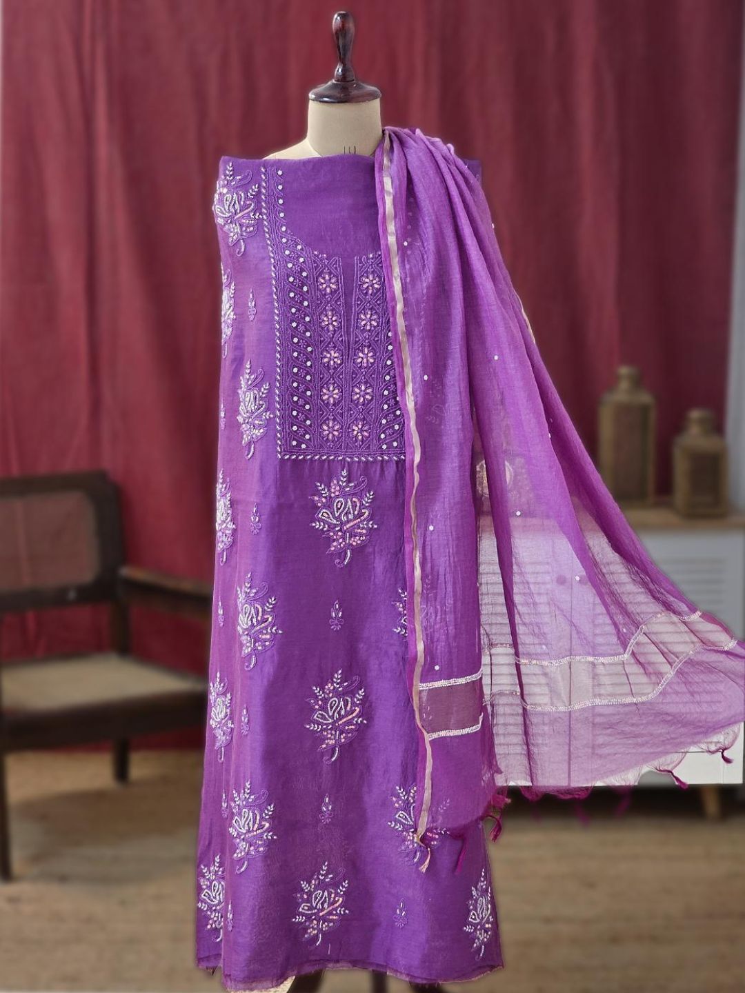 Purple Authentic Chikankari Un-stitched Kurta Piece With Dupatta