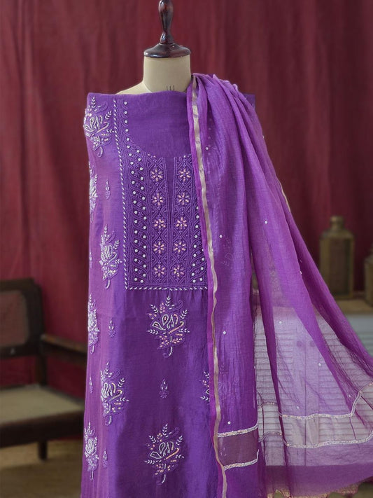 Purple Authentic Chikankari Un-stitched Kurta Piece With Dupatta