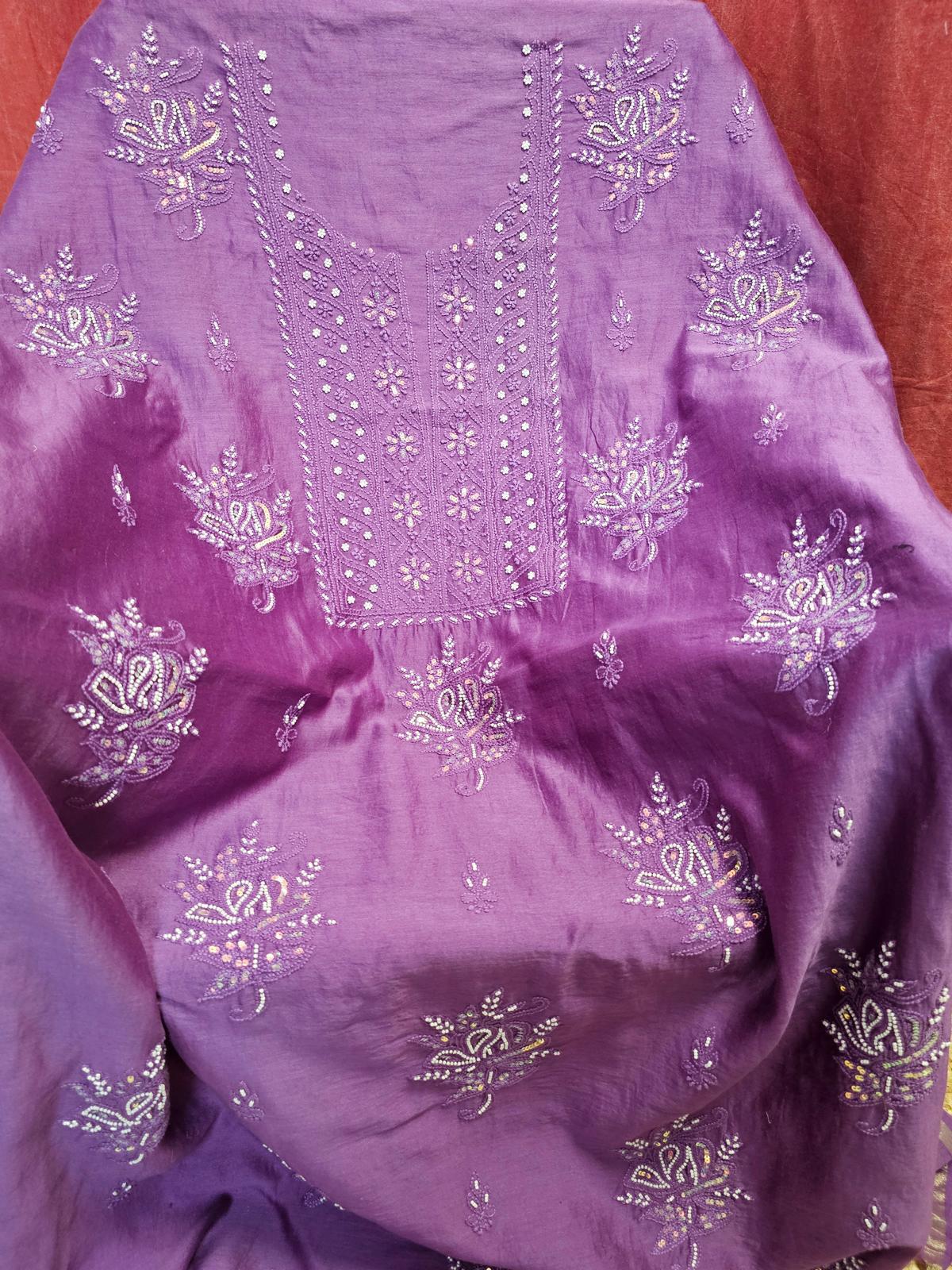 Purple Authentic Chikankari Un-stitched Kurta Piece With Dupatta