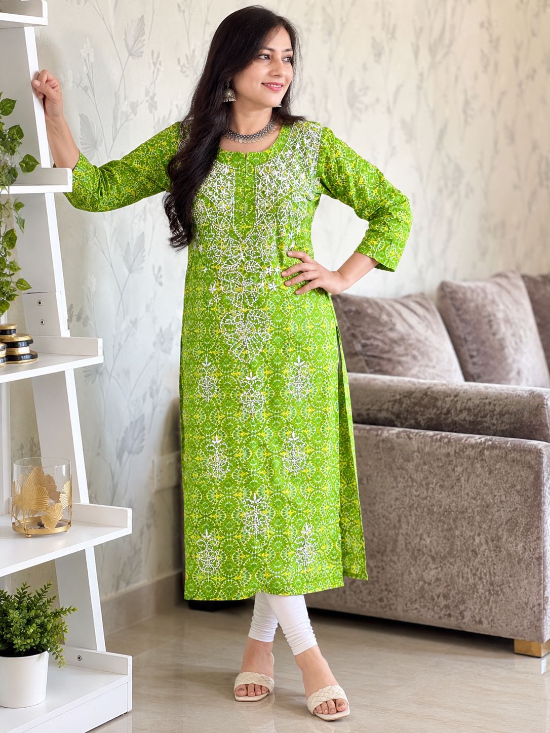 Raima chikankari cotton neon green printed kurti