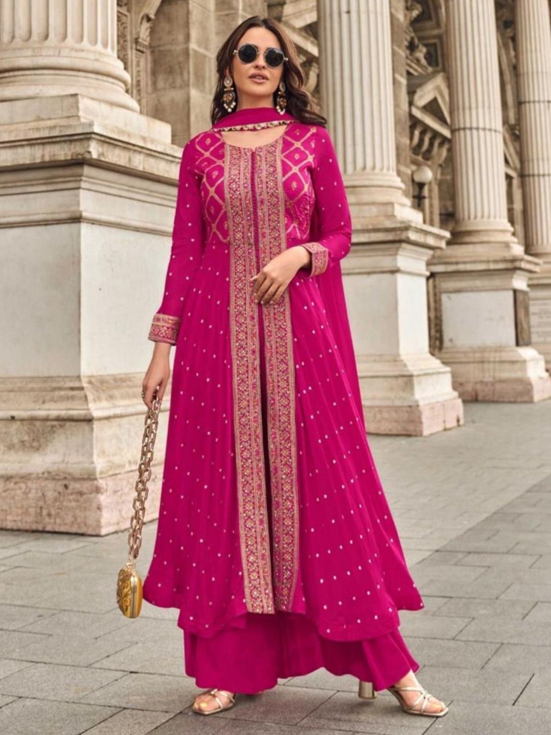 Rani Pink Viscose Jacquard Silk Dress Set with Hand Embellished Work