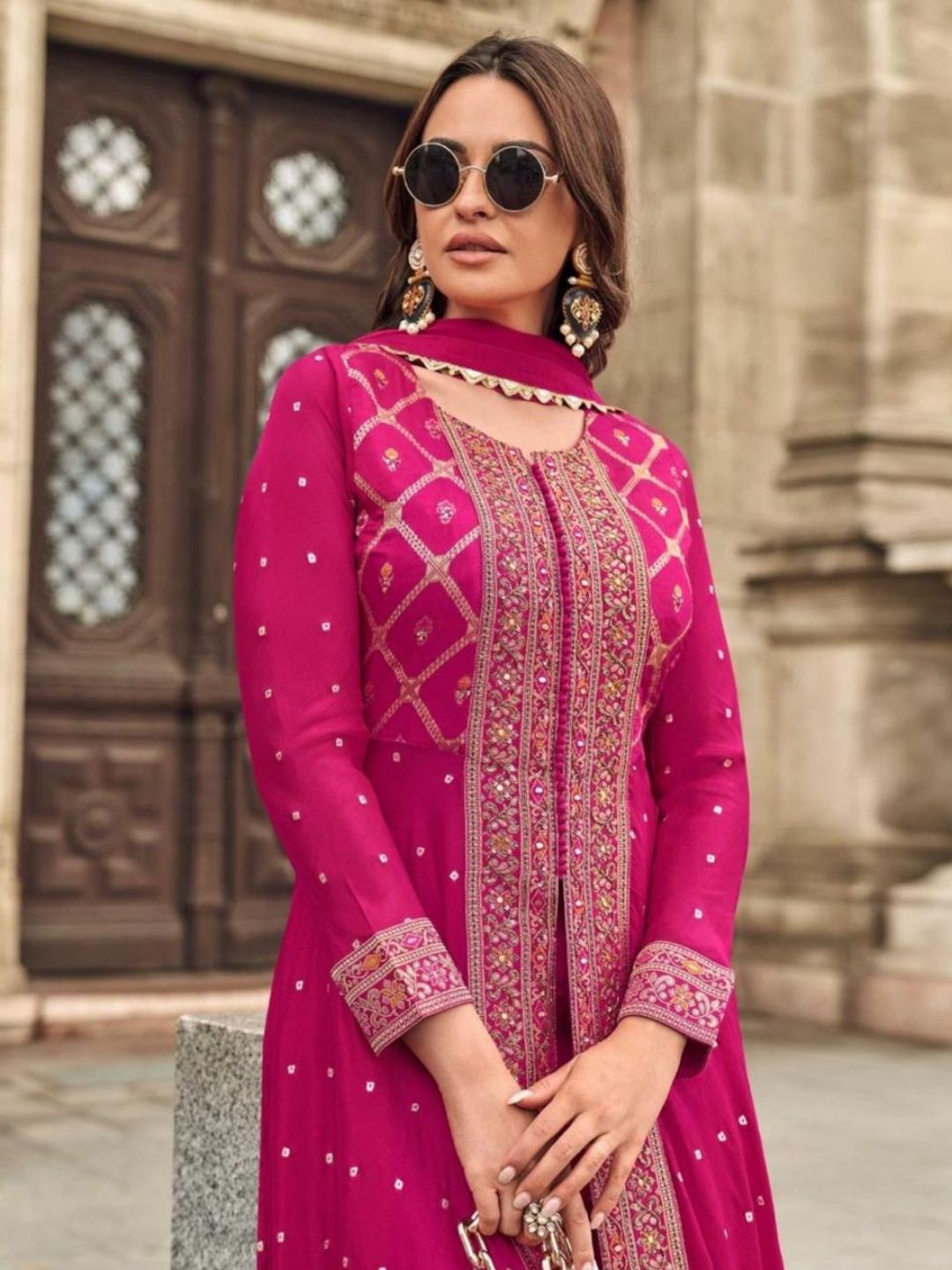 Rani Pink Viscose Jacquard Silk Dress Set with Hand Embellished Work