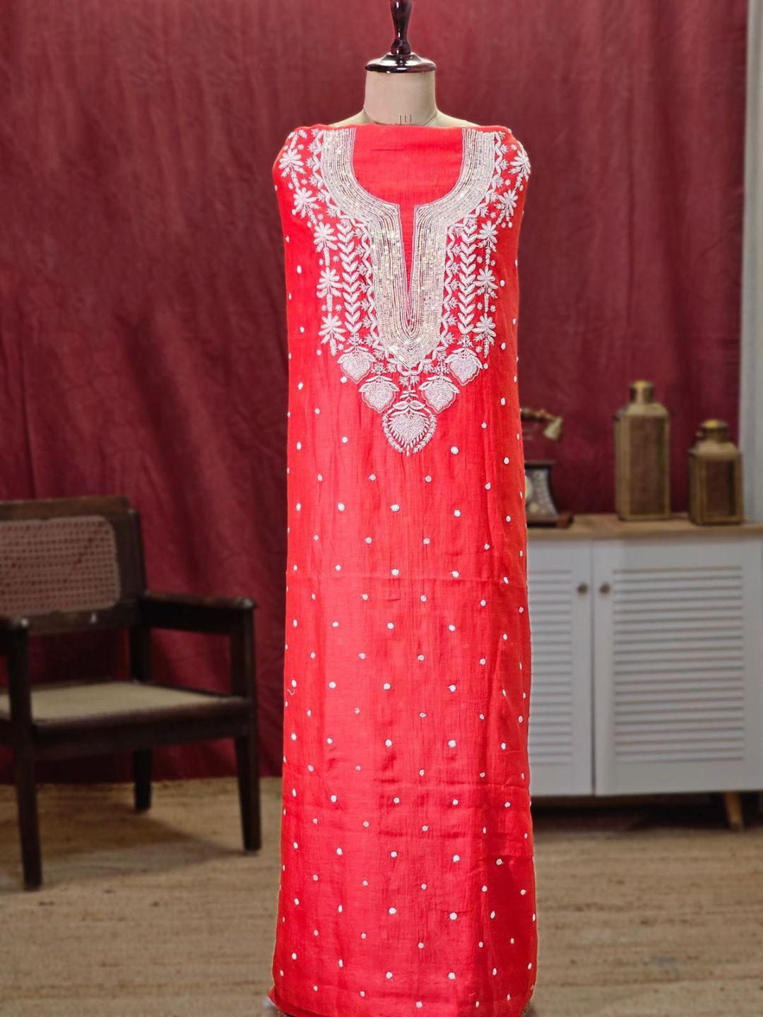 Red Authentic Chikankari Un-stitched Kurta Piece With Dupatta