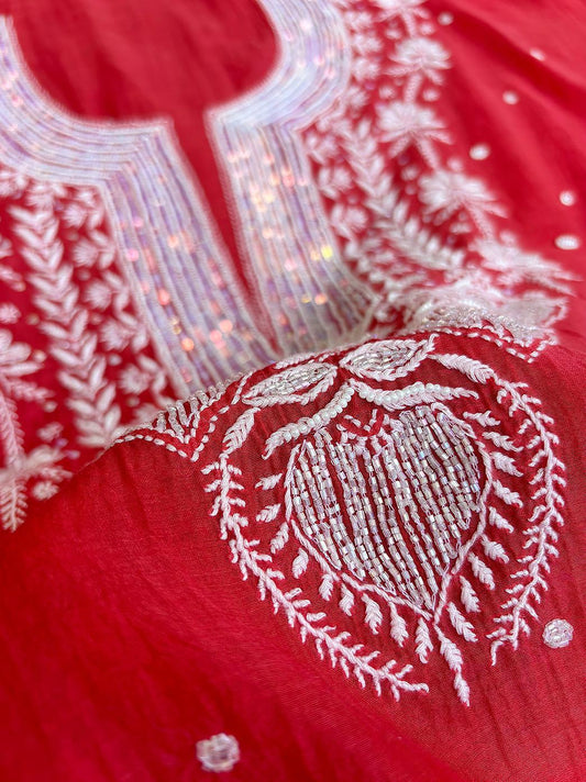 Red Authentic Chikankari Un-stitched Kurta Piece With Dupatta