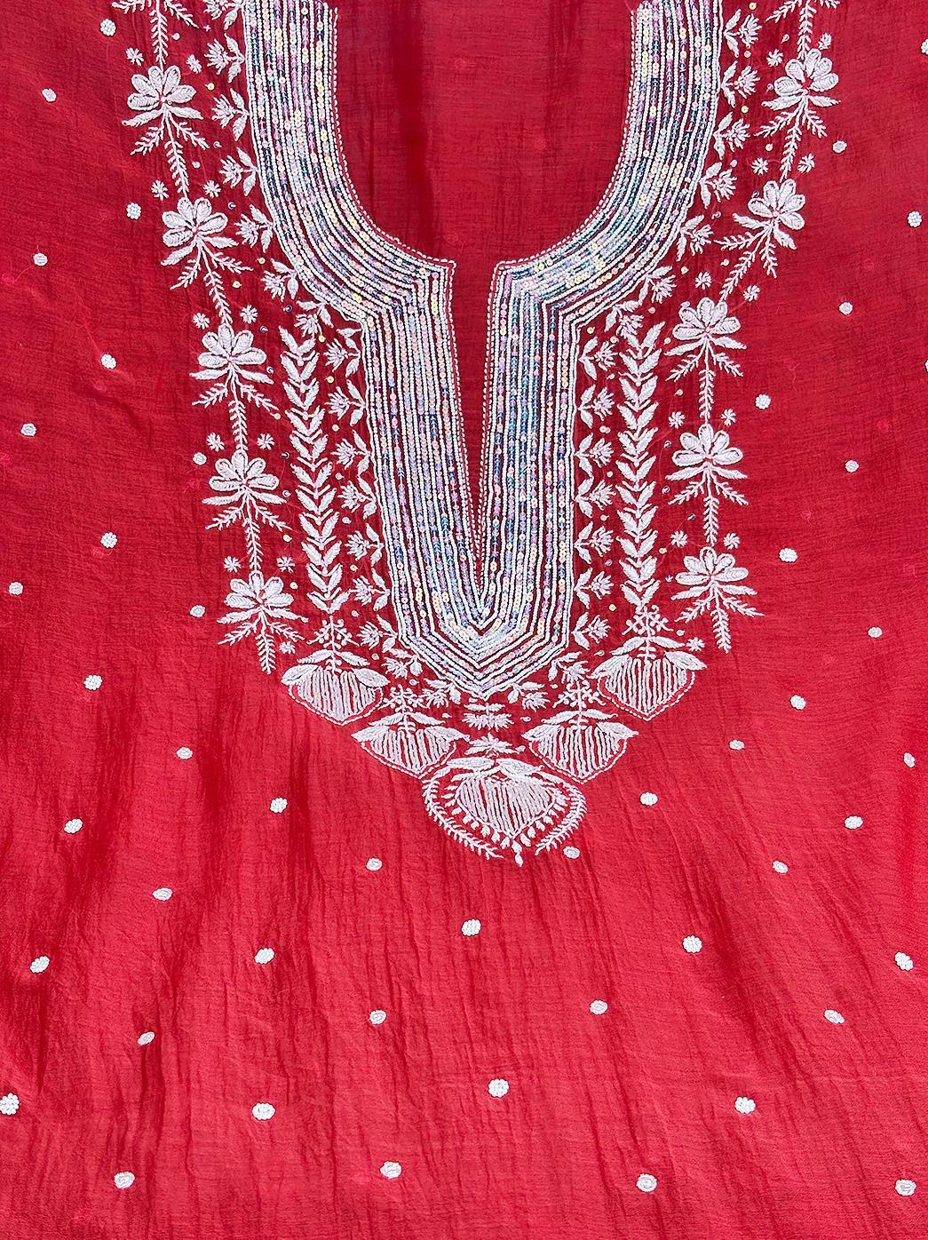 Red Authentic Chikankari Un-stitched Kurta Piece With Dupatta