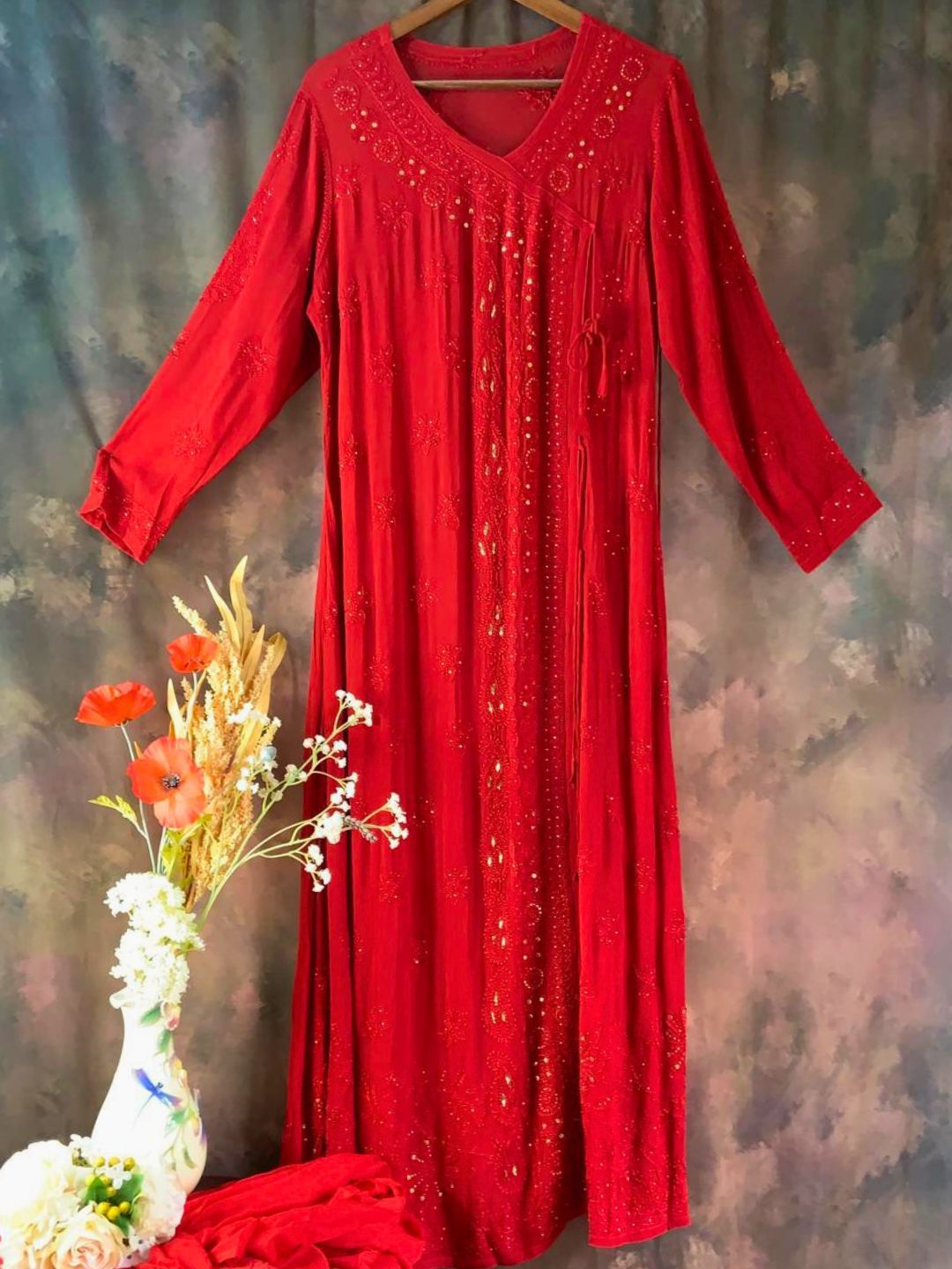 Red Hand Embroidered Chikankari Angrakha Style Kurta Set