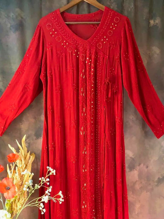 Red Hand Embroidered Chikankari Angrakha Style Kurta Set