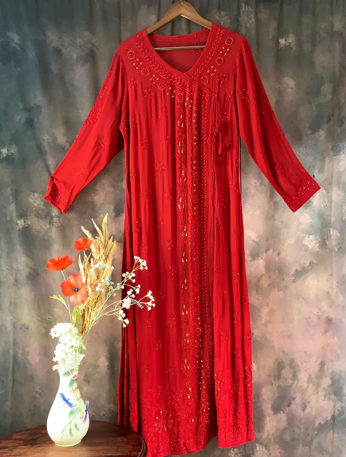 Red Hand Embroidered Chikankari Angrakha Style Kurta Set