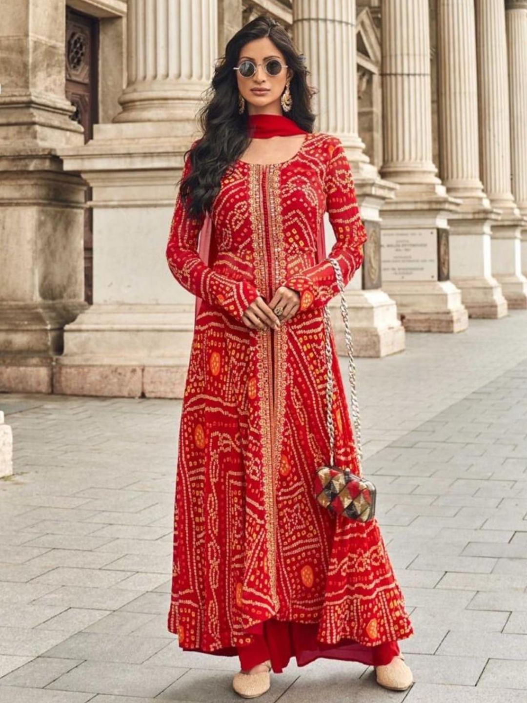 Red Viscose Jacquard Silk Dress Set with Hand Embellished Work