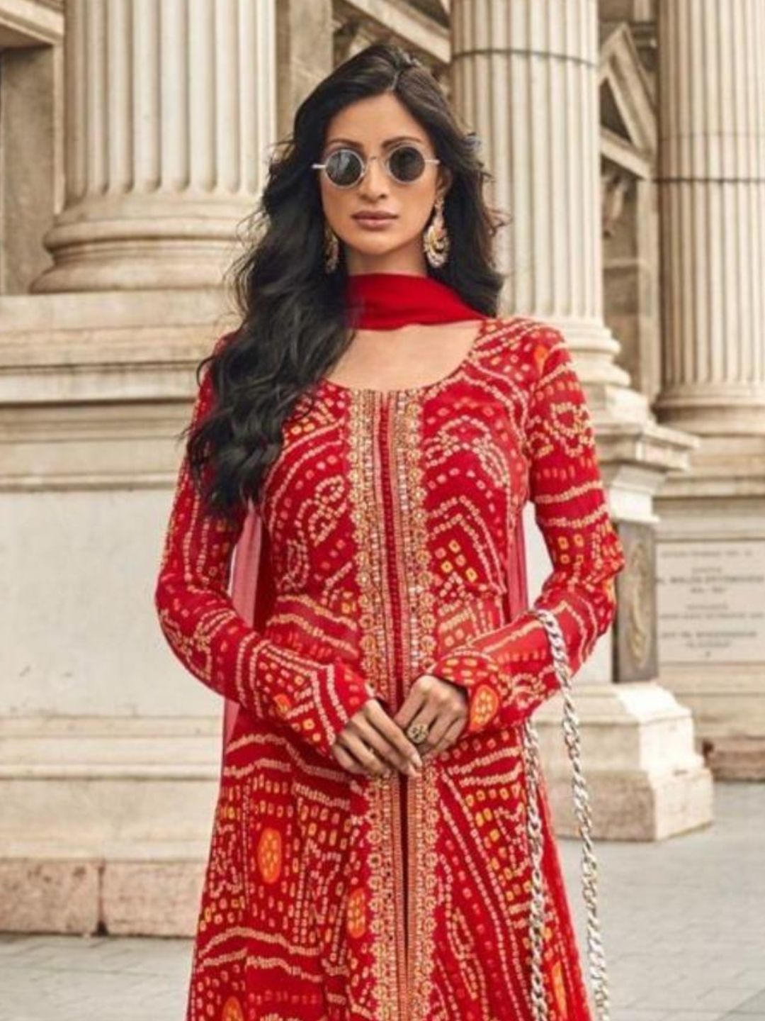 Red Viscose Jacquard Silk Dress Set with Hand Embellished Work
