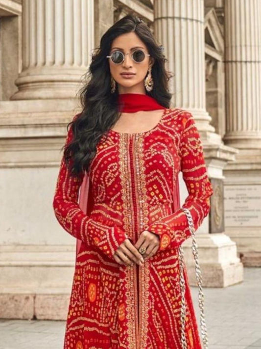 Red Viscose Jacquard Silk Dress Set with Hand Embellished Work