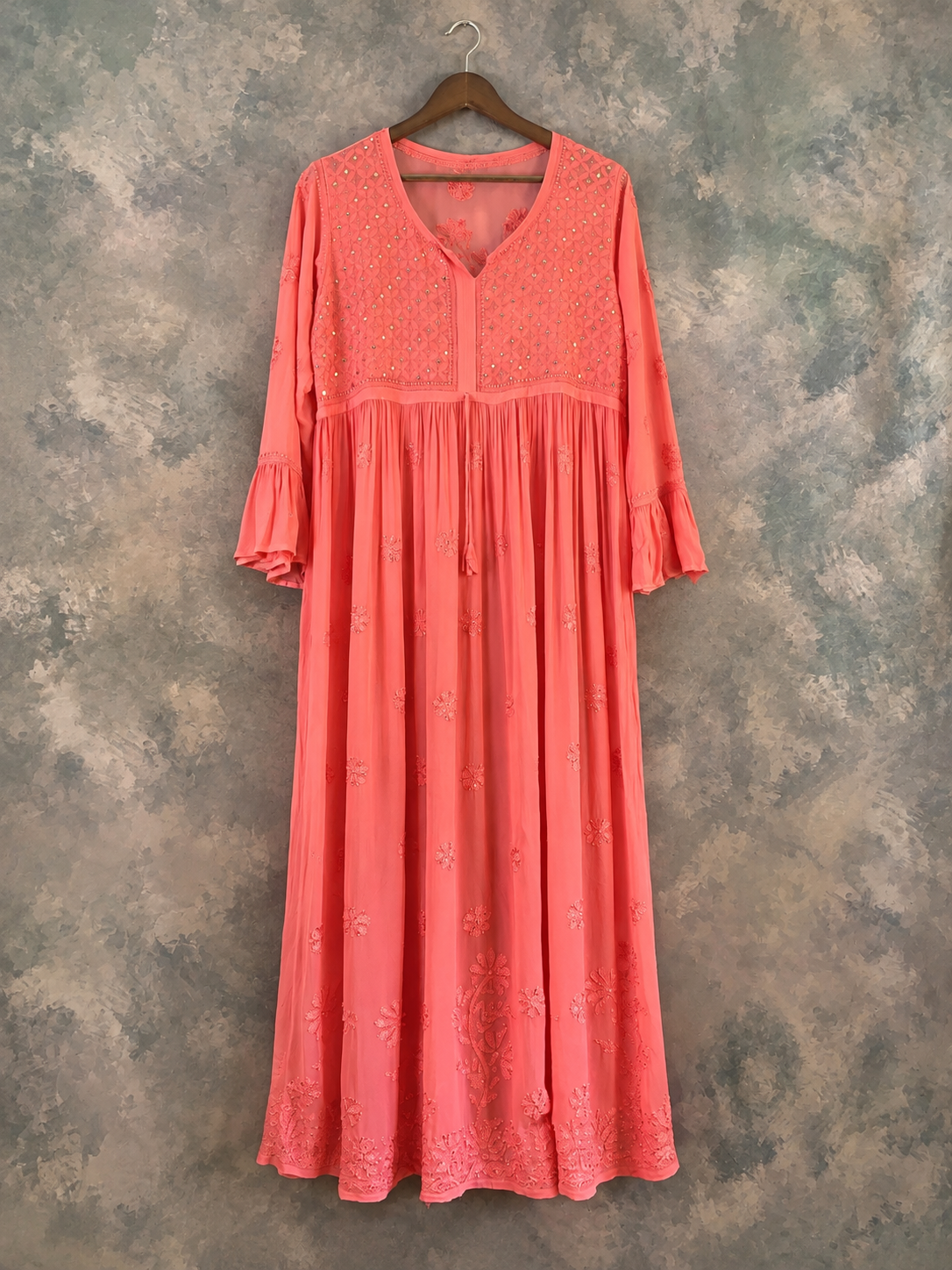 Rubai chikankari longline georgette peach dress