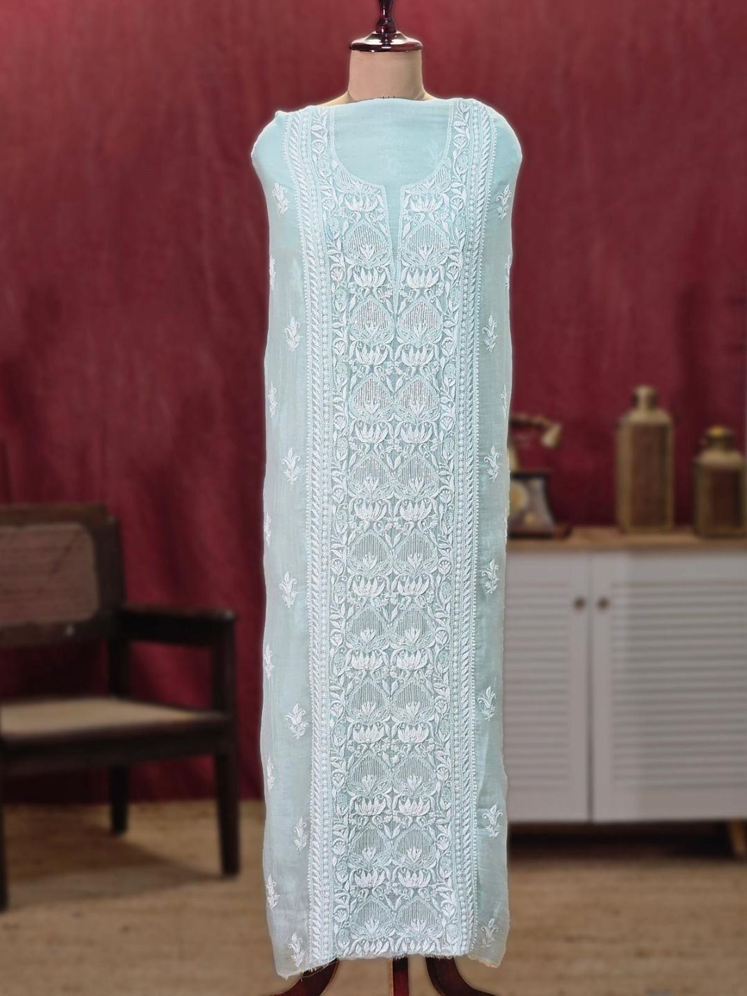 Sea Green Authentic Chikankari Un-stitched Kurta Piece With Dupatta