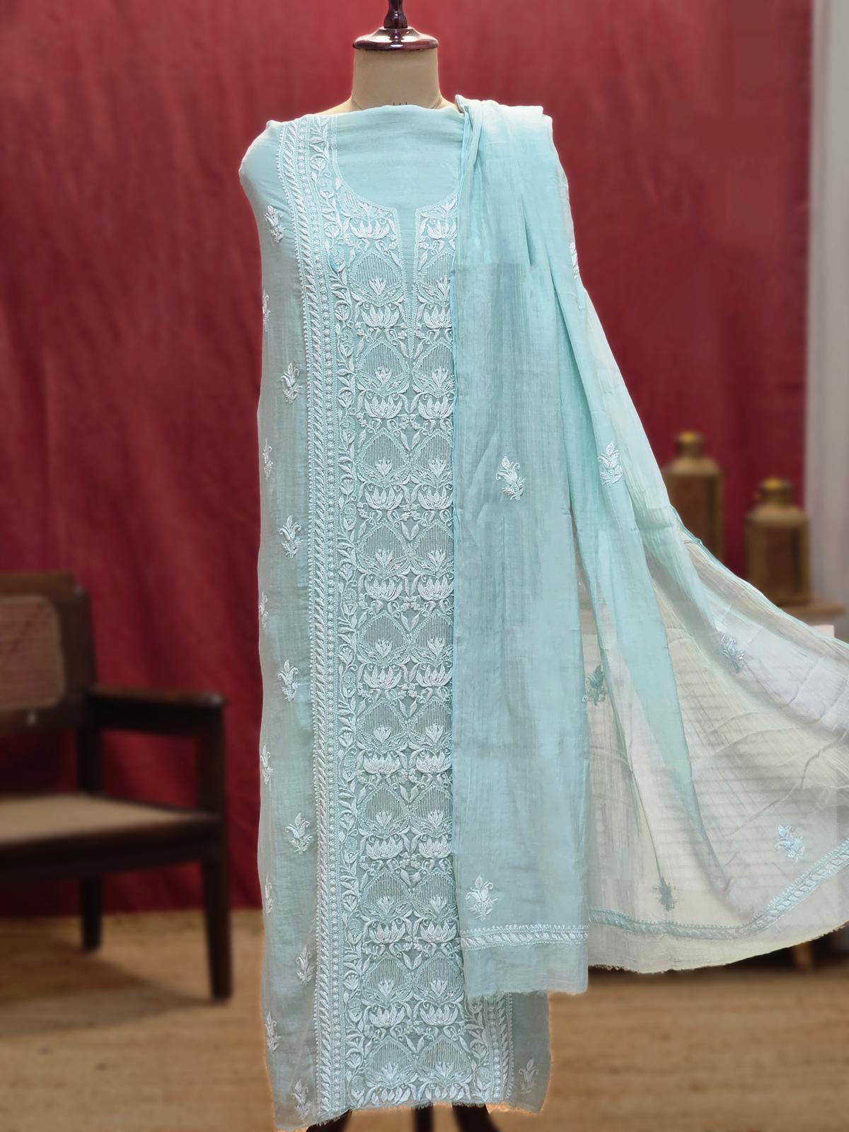 Sea Green Authentic Chikankari Un-stitched Kurta Piece With Dupatta