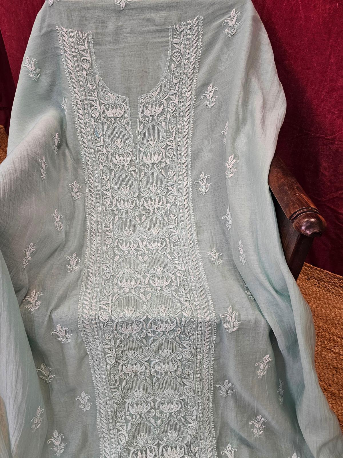 Sea Green Authentic Chikankari Un-stitched Kurta Piece With Dupatta