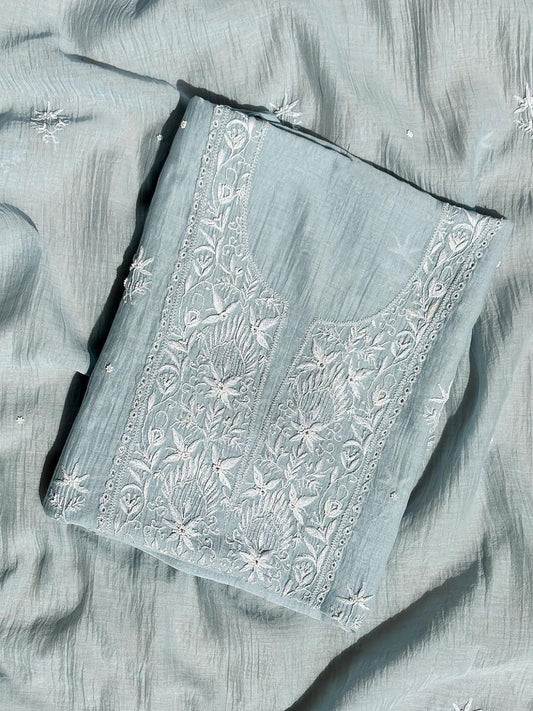 Sea Green Authentic Chikankari Un-stitched Kurta Piece With Dupatta