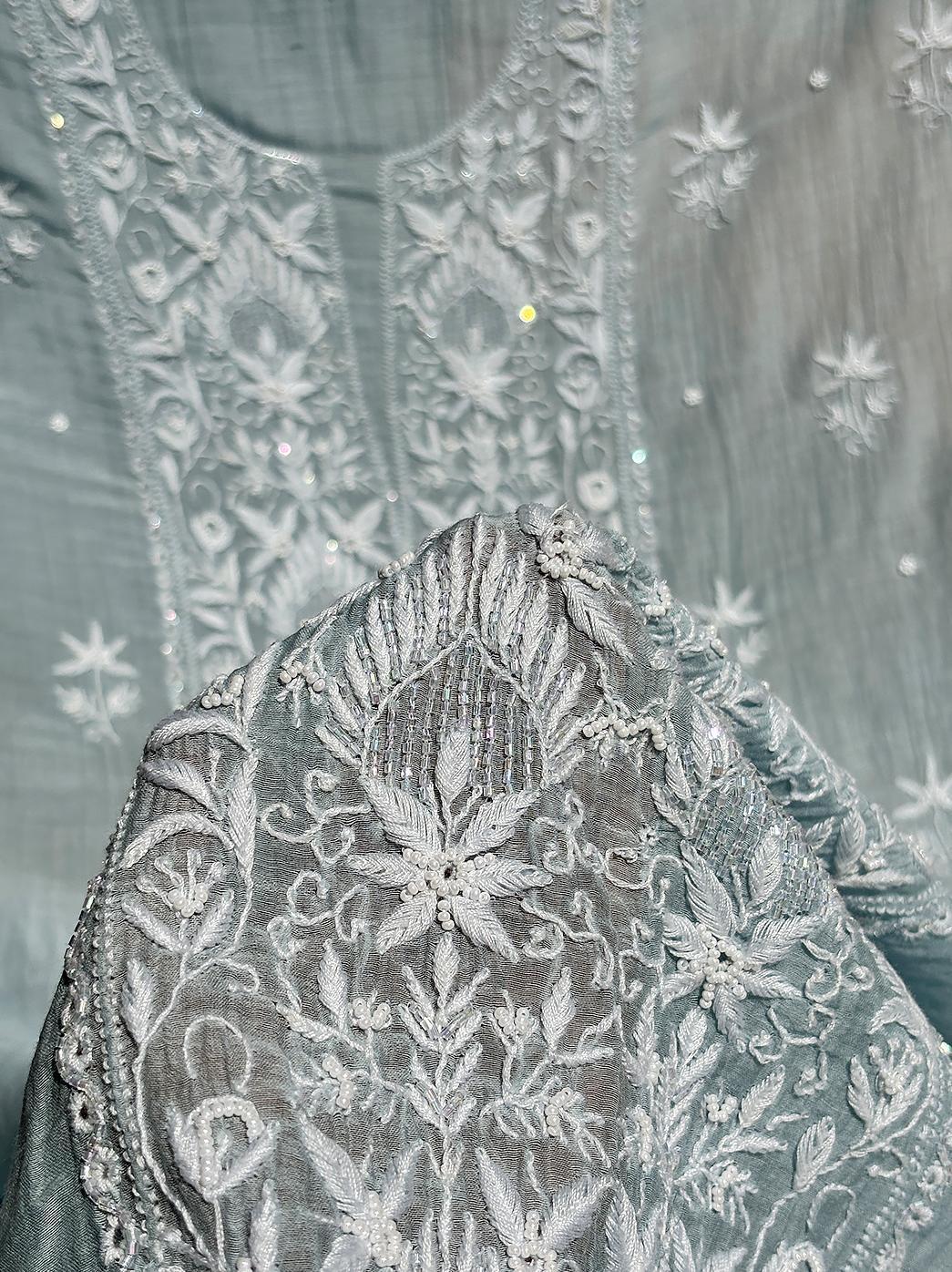 Sea Green Authentic Chikankari Un-stitched Kurta Piece With Dupatta