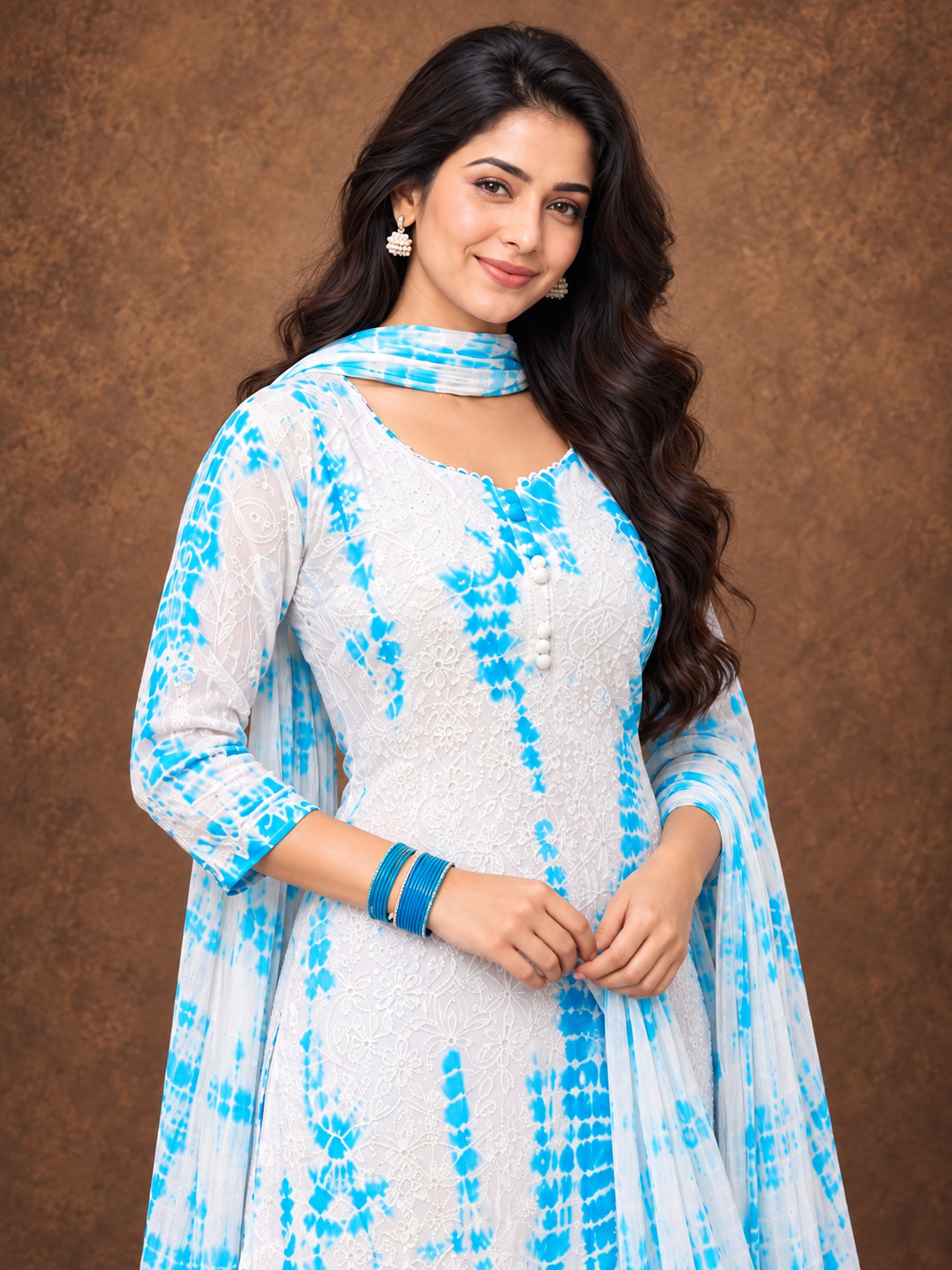 Shibori fiza chikankari sky blue cotton kurti set