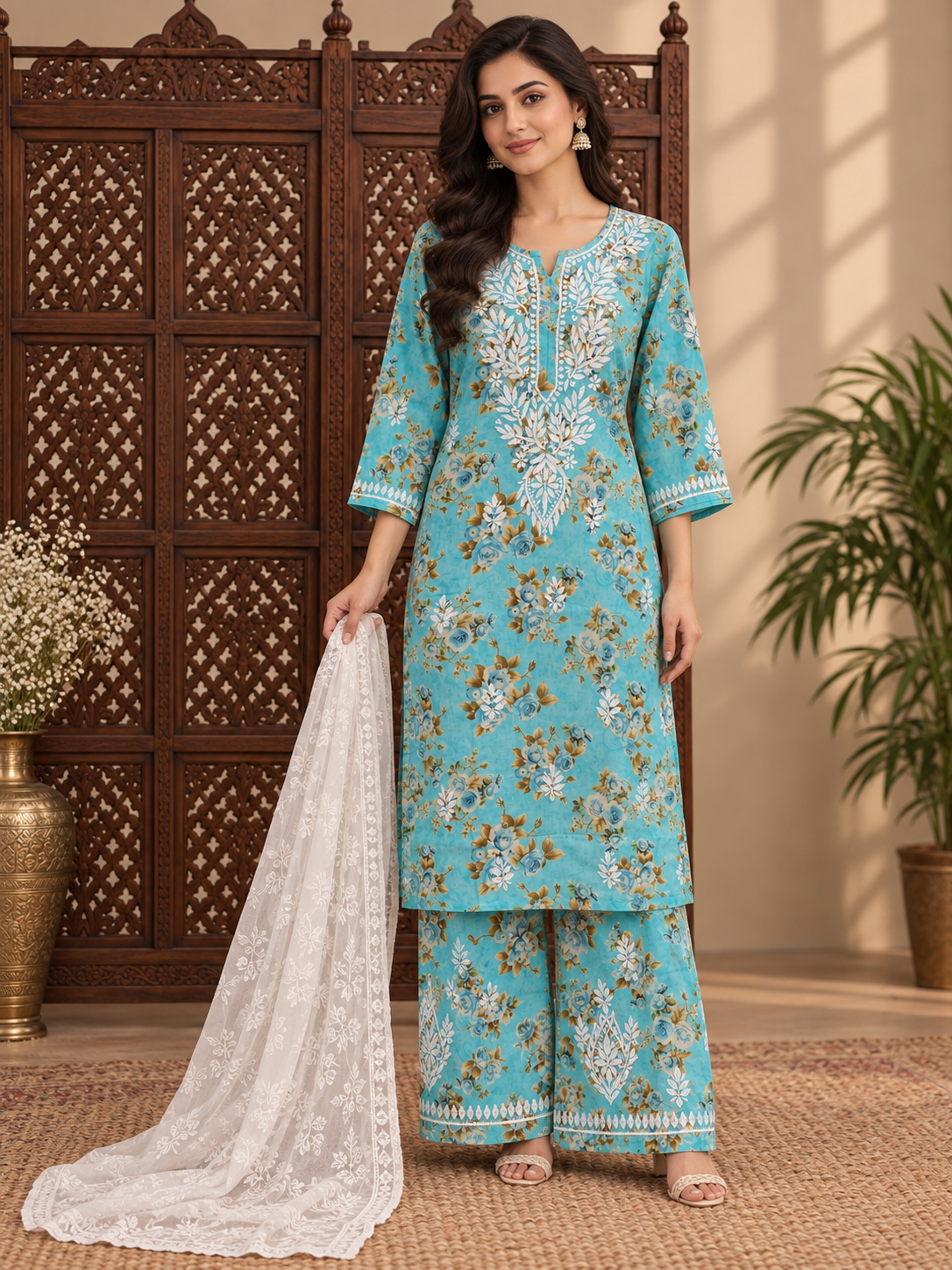 Teal blue printed mulmul kurti set