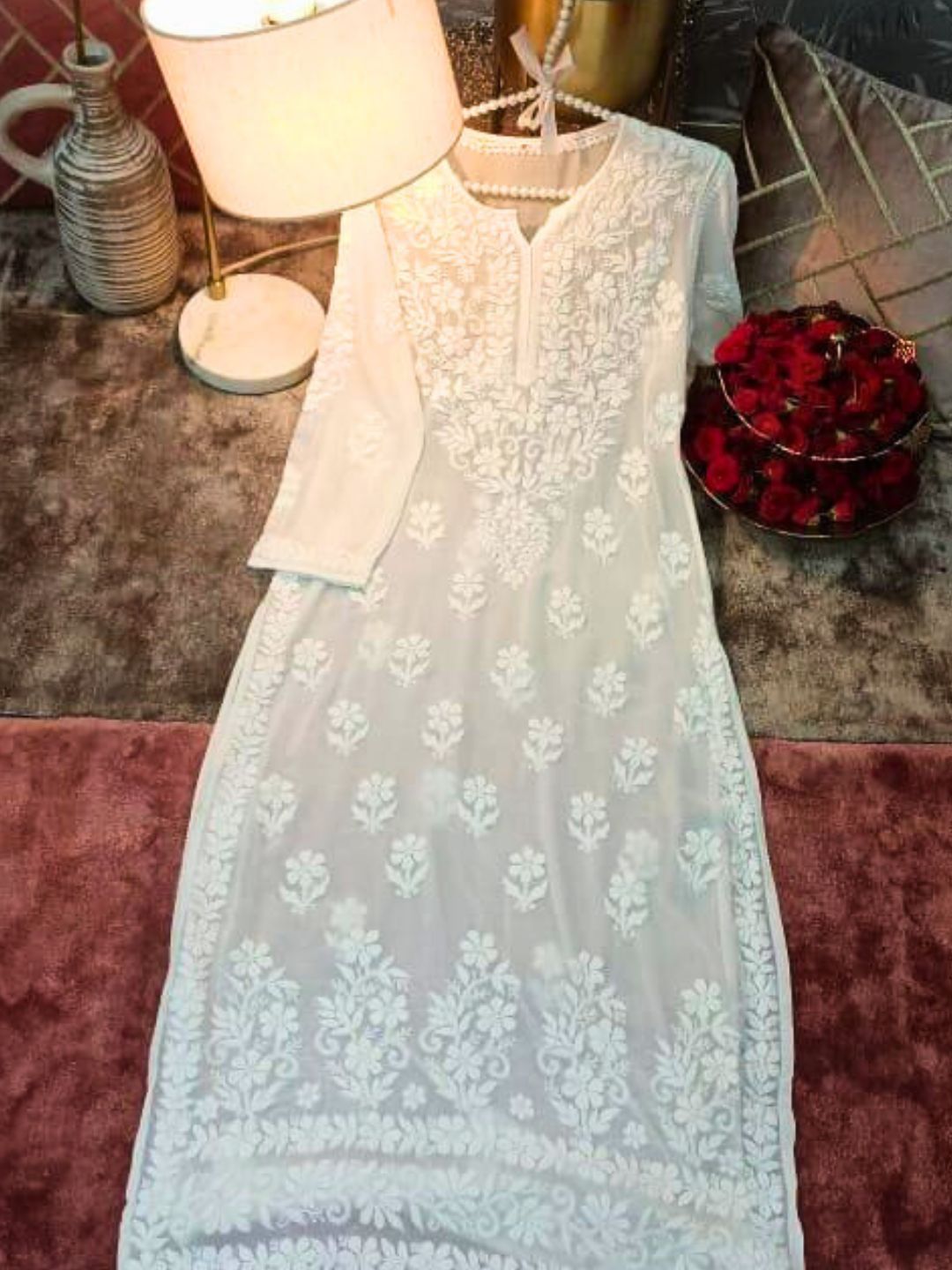 White Aura Georgette Chikankari Straight Kurta