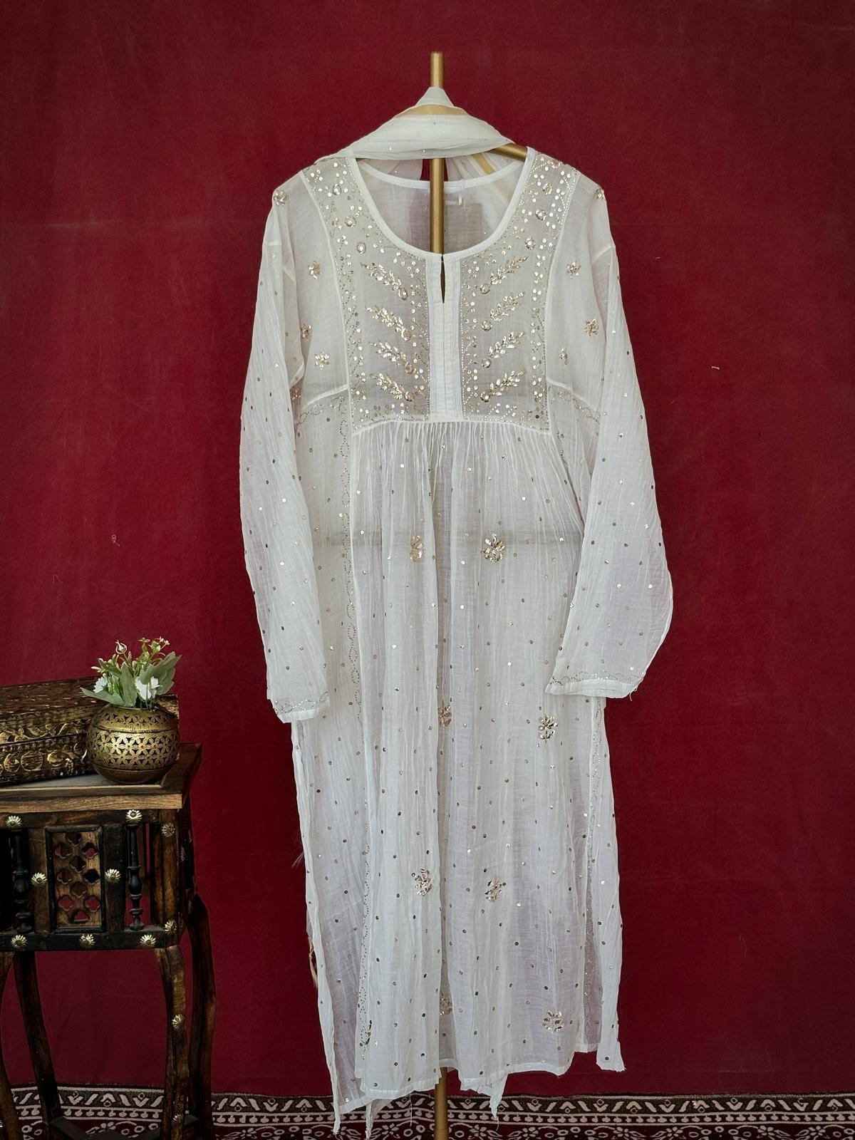 White Shahi Mulmul Chanderi Chikankari Anarkali kurta with Dupatta