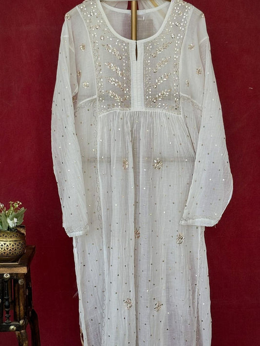 White Shahi Mulmul Chanderi Chikankari Anarkali kurta with Dupatta