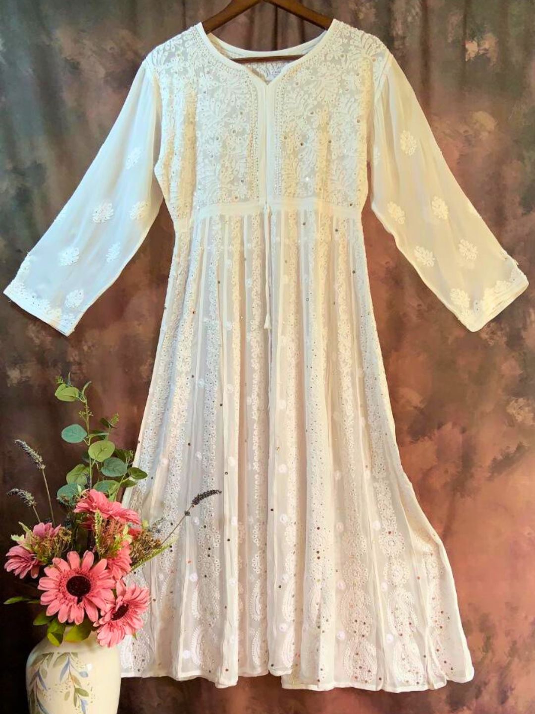 White Chikankari A-Line Dress with Mukaish Emblishment or Badla Work