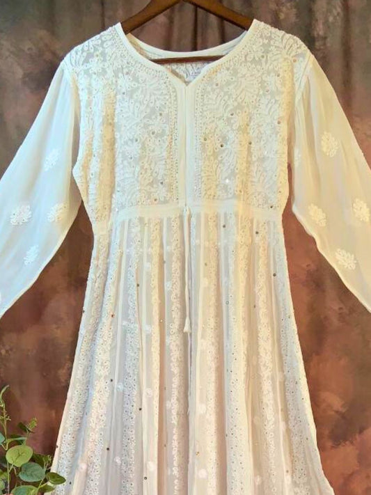 White Chikankari A-Line Dress with Mukaish Emblishment or Badla Work
