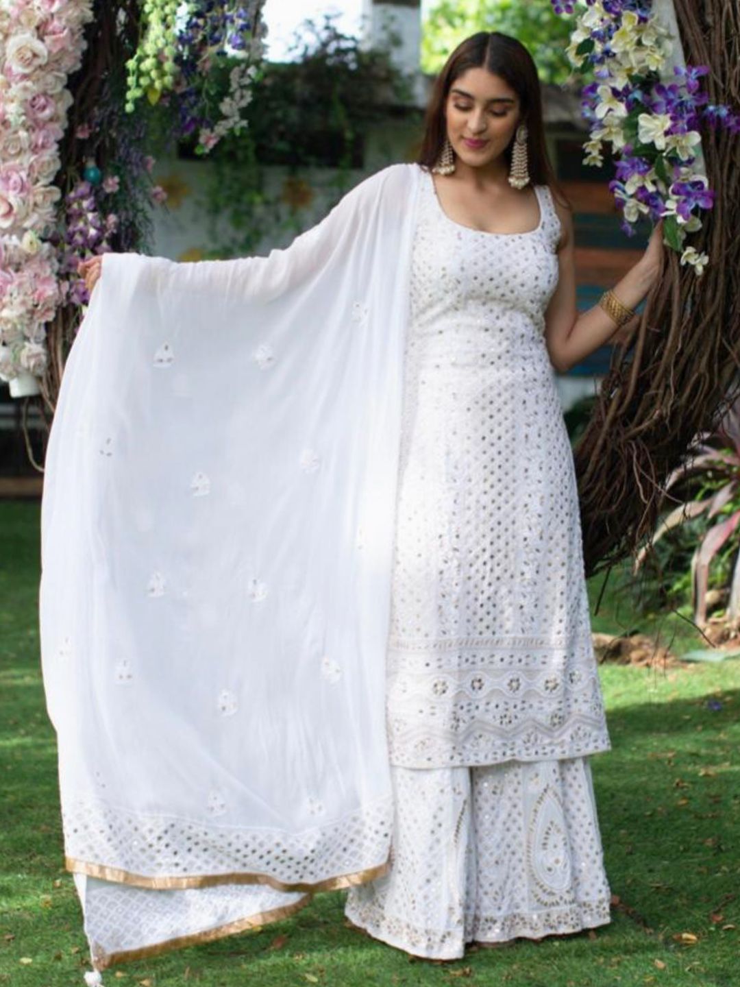 White Chikankari Sleeveless Kurta Sharara Set with Gota Patti Work