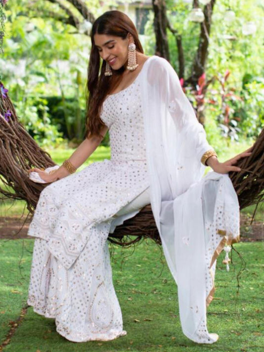 White Chikankari Sleeveless Kurta Sharara Set with Gota Patti Work
