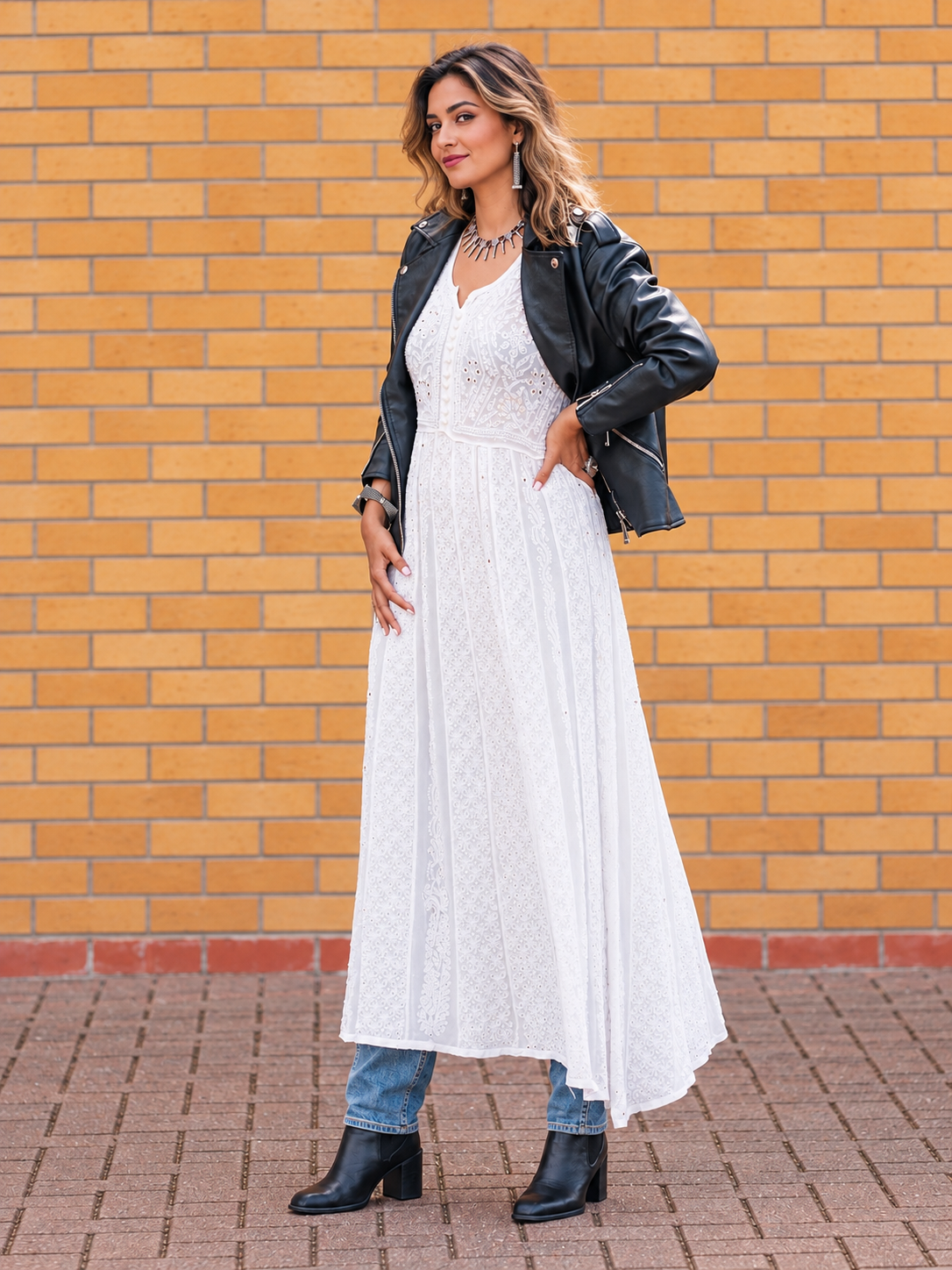 White Semi western chikankari Anarkali dress