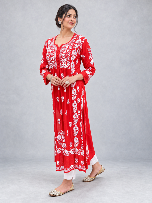 Zia red chikankari kurti by Masnavi