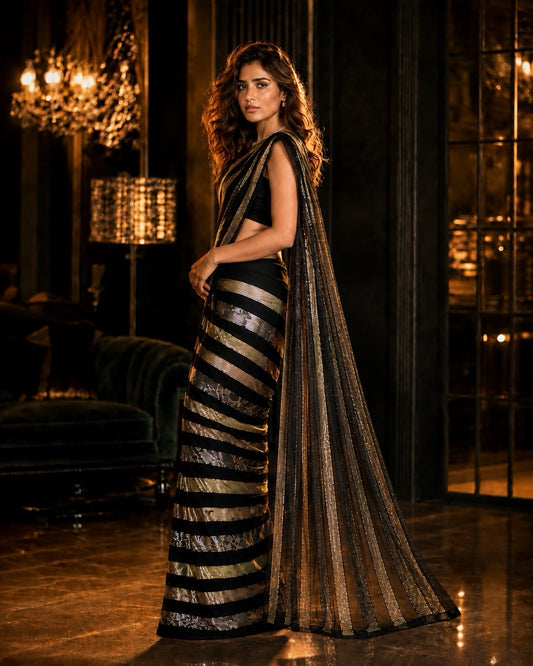 Black Bollywood Designer Saree with metallic gold stripes of radiant sequin, by Masnavi, modeled by a woman, side view