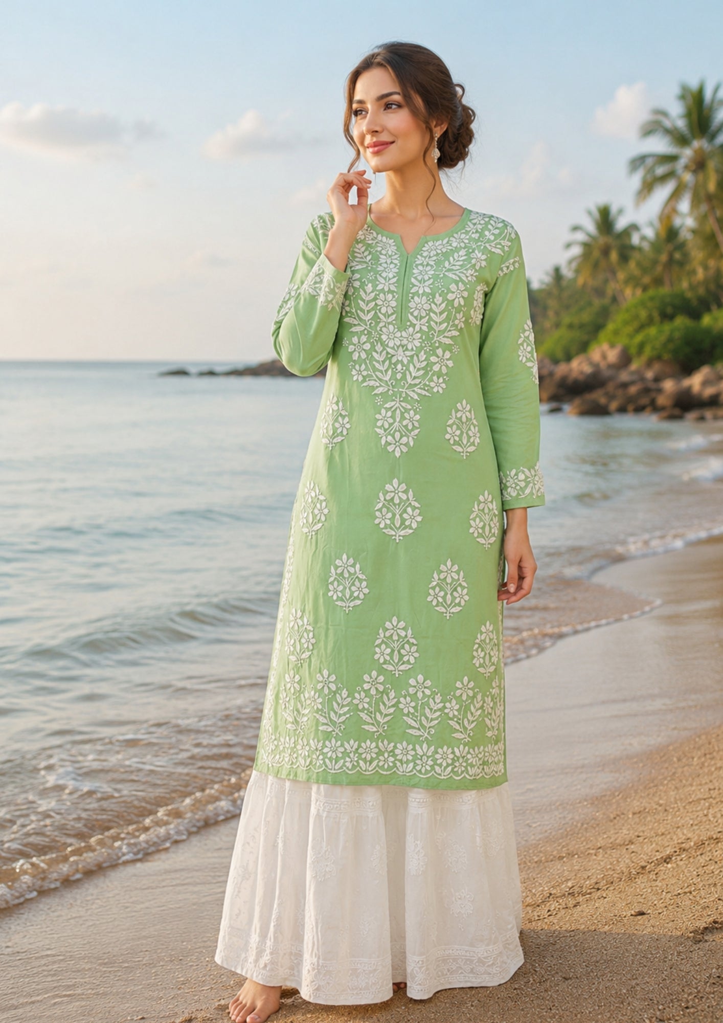 chikankari modal kurti pista green