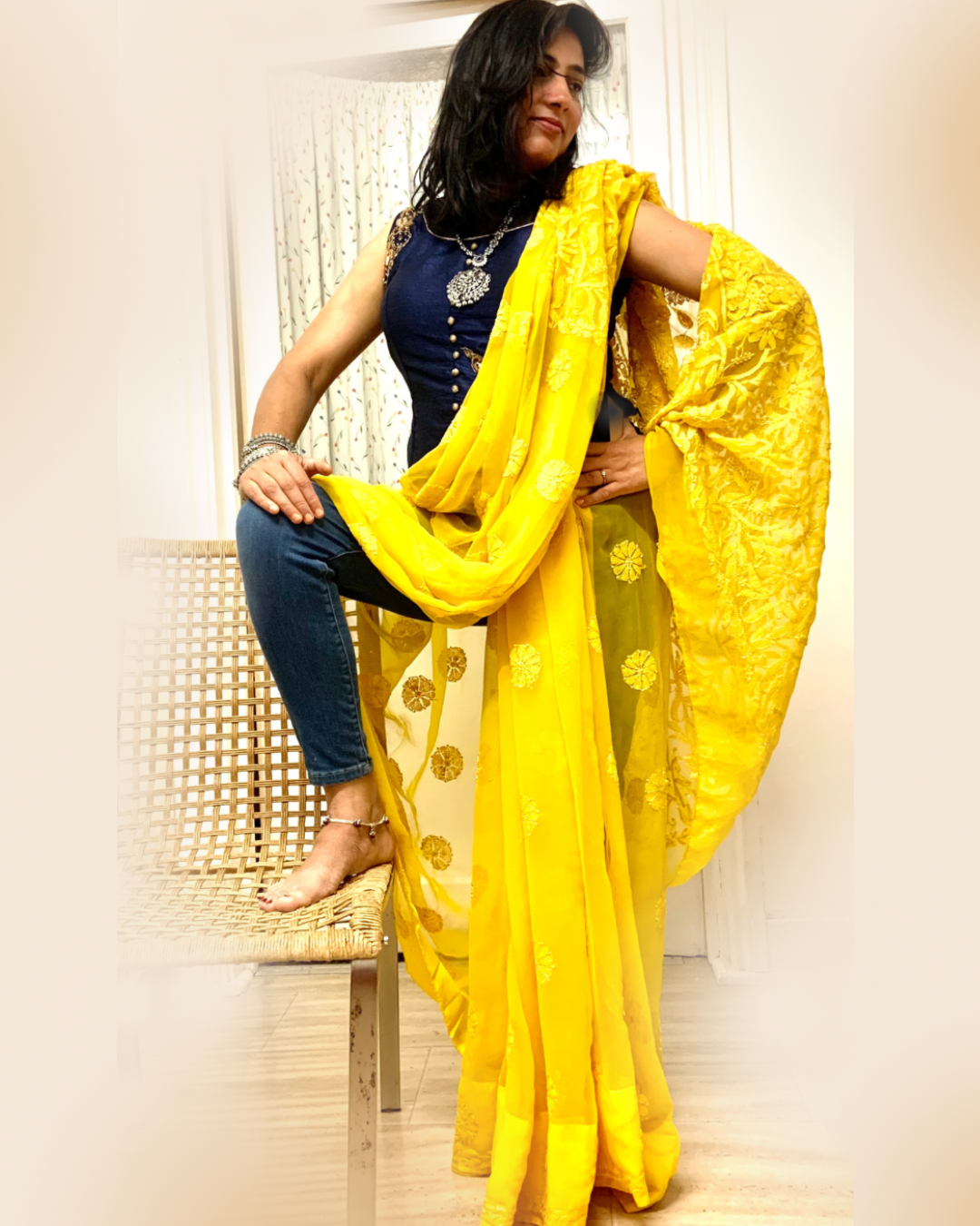 Fiesta georgette sari Mustard