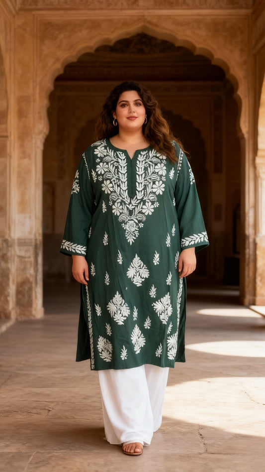Masnavi plus size chikankari green kurti