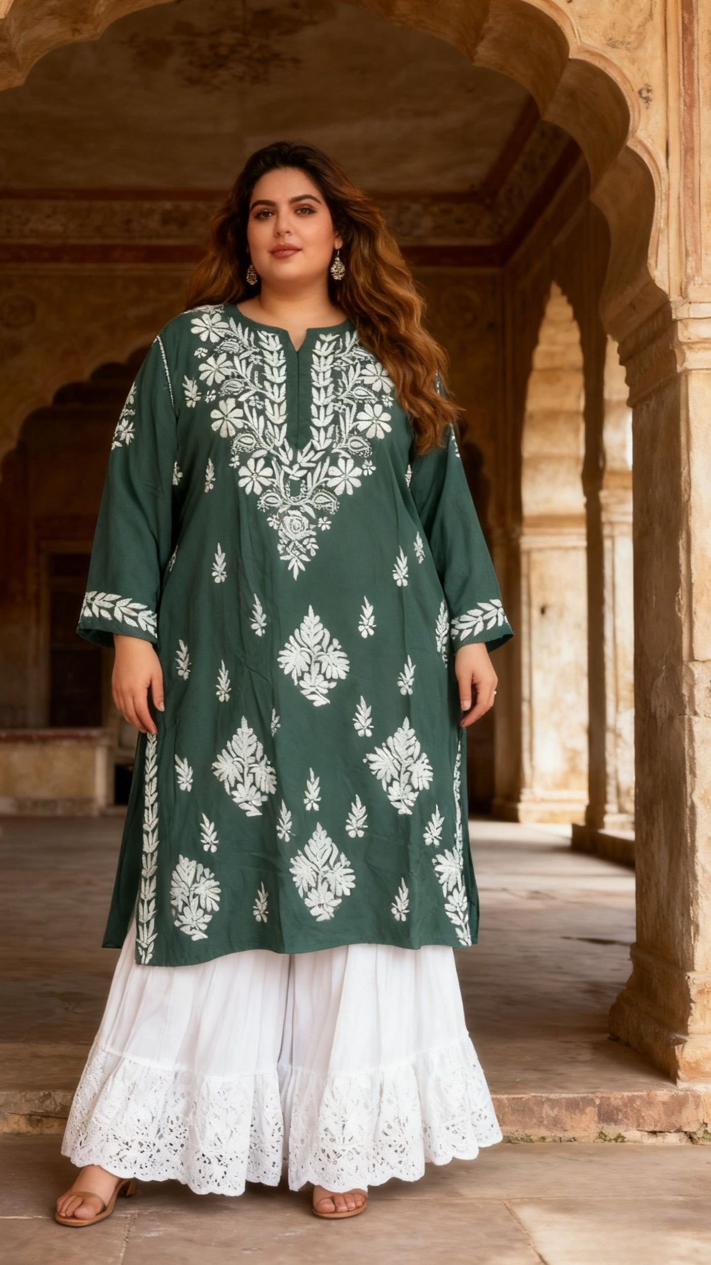 Masnavi plus size chikankari green kurti