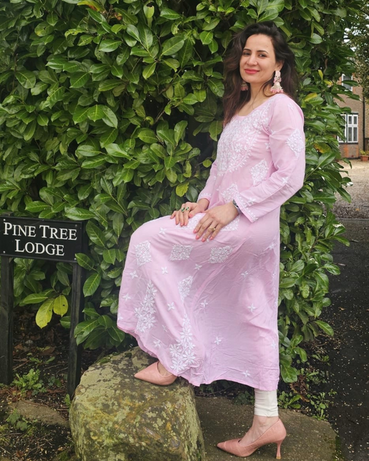 Maslin Chikankari Pastel Pink frock