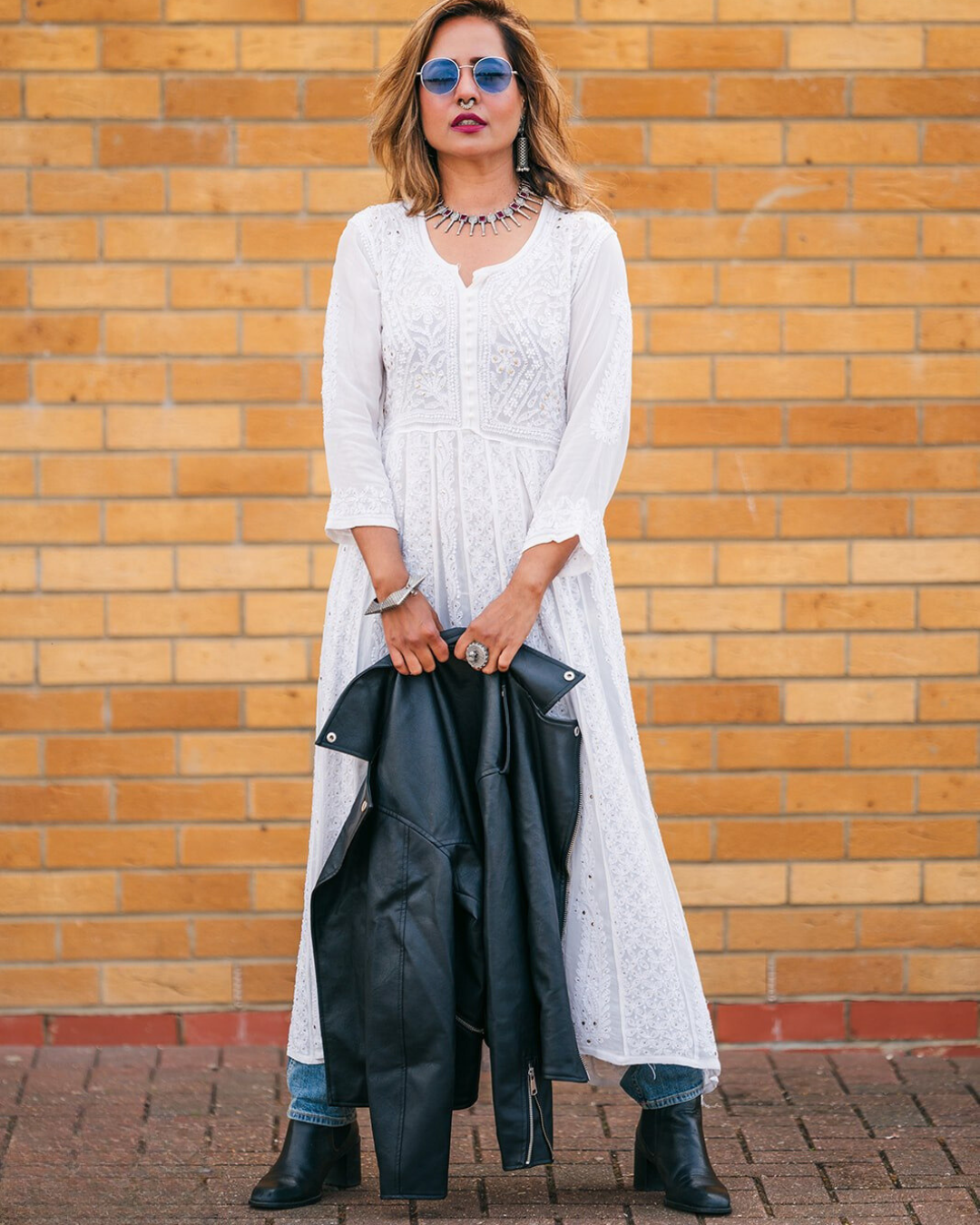 White Semi western chikankari Anarkali dress
