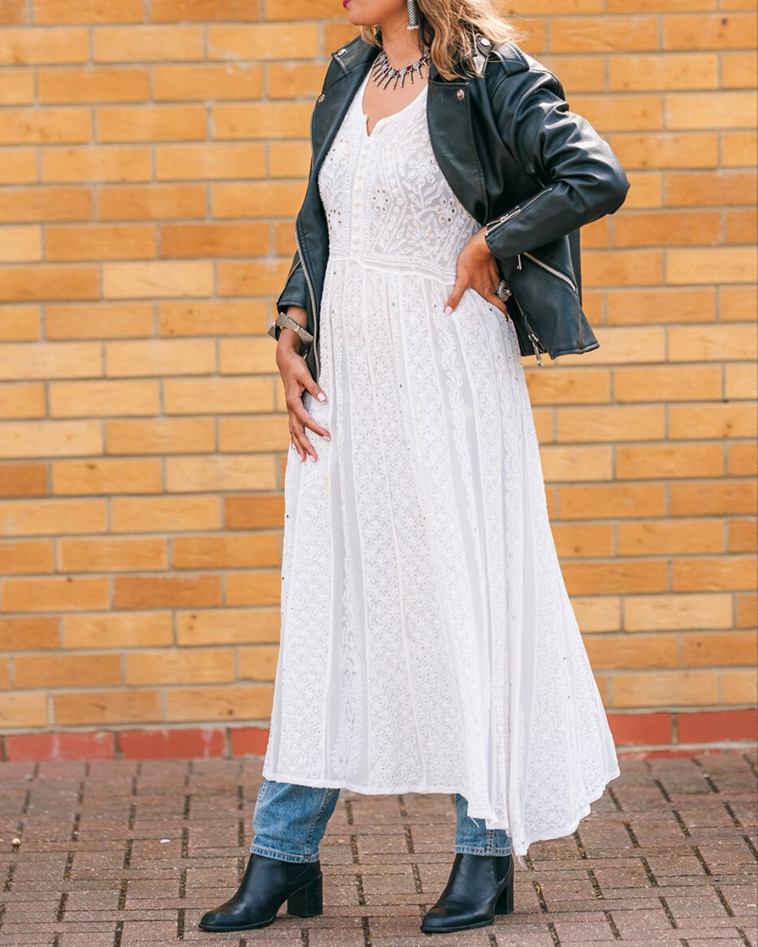 White Semi western chikankari Anarkali dress