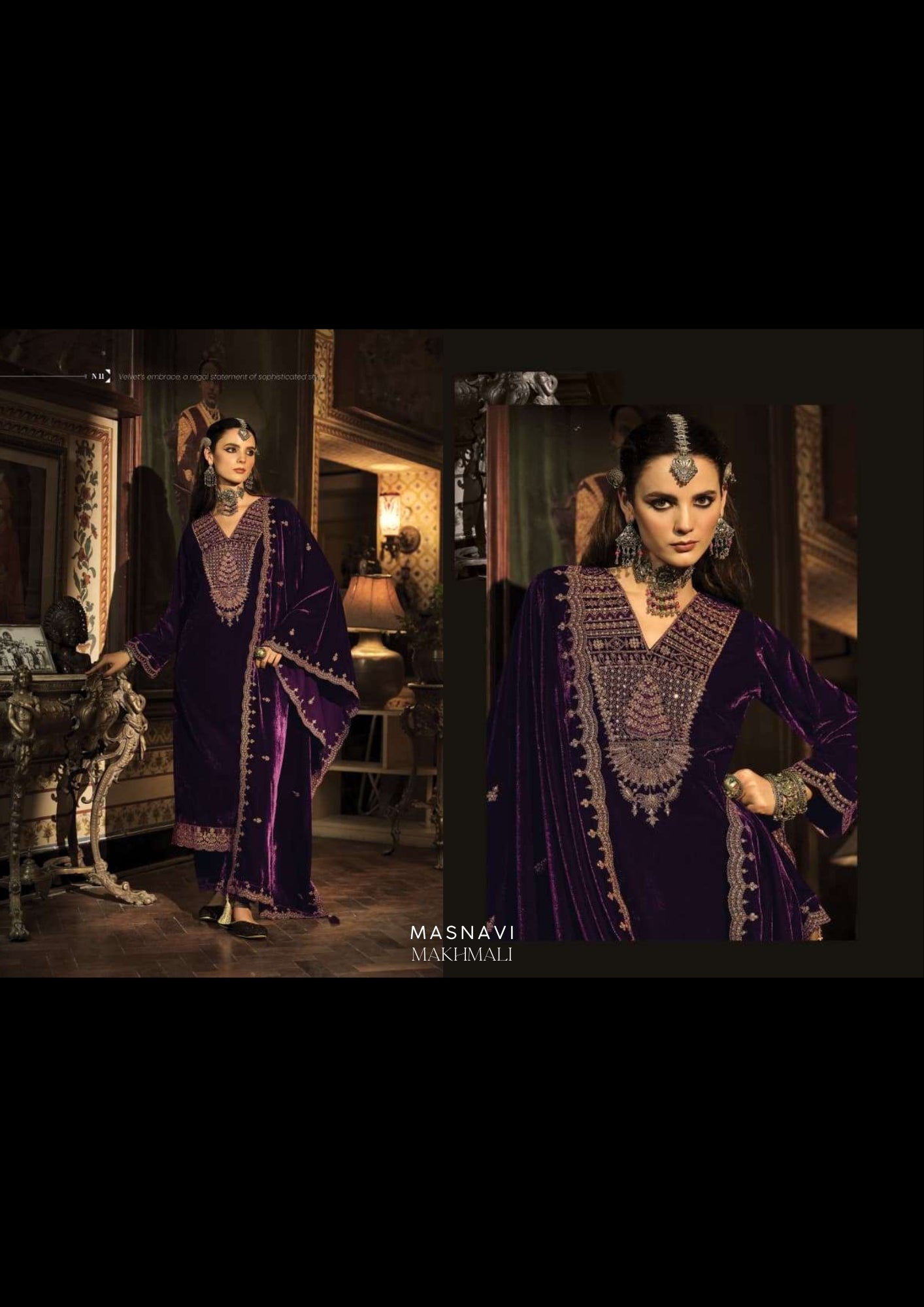 Woman in Zeenat-e-Shahi Makhmali Embroidered Velvet Suit Set in Violet with Scalloped Zari Dupatta & Straight Trousers
